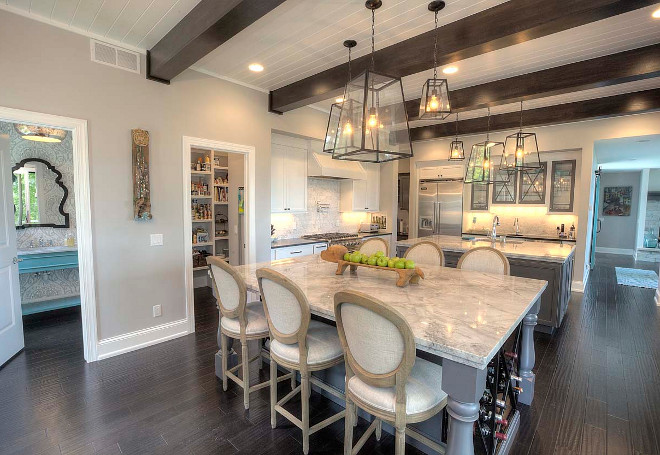 Kitchen with two island. Farmhouse kitchen with shiplap beams ceiling and two islands #Kitchen #twoislands #Farmhousekitchen #shiplap #beams #ceiling #kitchentwoislands Kitchen Choreography