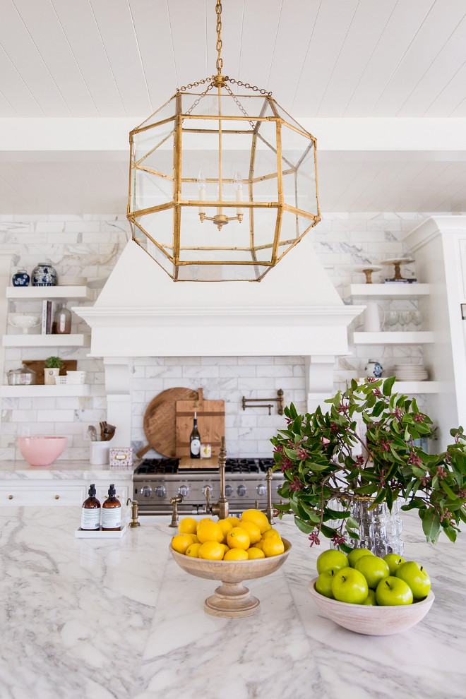 Morris Large Lantern in Gilded Iron with Clear Glass. White Kitchen with Morris Large Lantern in Gilded Iron with Clear Glass. Morris Large Lantern in Gilded Iron with Clear Glass. Morris Large Lantern in Gilded Iron with Clear Glass #MorrisLargeLanterninGildedIronwithClearGlass #MorrisLantern #Gilded Pink Peonies Rachel Parcell's Kitchen