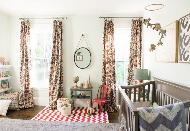 Neutral Gender Nursery. Neutral Gender Nursery Design. The curtains were the main point of inspiration, along with a vintage radio flyer wagon. Fabric is from onlinefabricstore and is the Suzani Nile/Denton. Neutral Gender Nursery Ideas. Neutral Gender Nursery Decor #NeutralGenderNursery #NeutralGenderNurseryDesign #NeutralGenderNurseryIdeas #NeutralGenderNurseryDecor Home Bunch Beautiful Homes of Instagram @finding__lovely