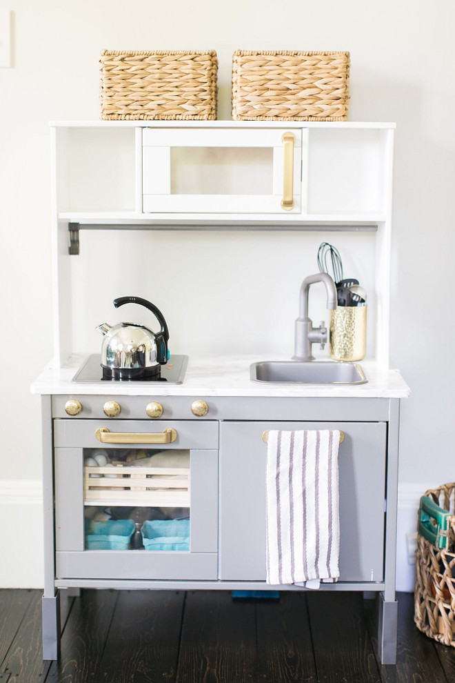 Playroom kitchen set. Play kitchen is from Ikea. The ikea kitchen got a facelift to resemble momma’s real kitchen. I used marble contact paper for the surface and BM Chelsea Grey I had leftover from the kitchen island. #Playkitchen #playroom Home Bunch Beautiful Homes of Instagram @finding__lovely