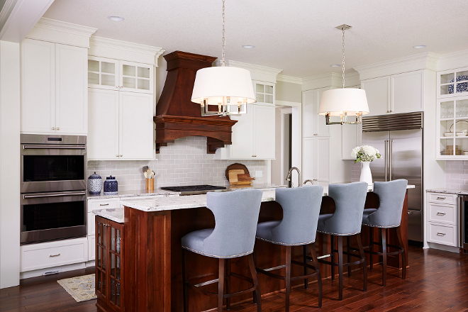 Traditional Kitchen. Traditional Kitchen Ideas. Traditional Kitchen. Traditional white Kitchen with walnut kitchen island #TraditionalKitchen #TraditionalKitchenIdeas #TraditionalKitchens Bria Hammel Interiors