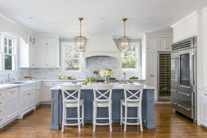 White Kitchen with stacked cabinets and grey island. White Kitchen with stacked cabinets and grey island design. White Kitchen with stacked cabinets and grey island #WhiteKitchen #kitchenstackedcabinets #kitchengreyisland Christine Sheldon Design