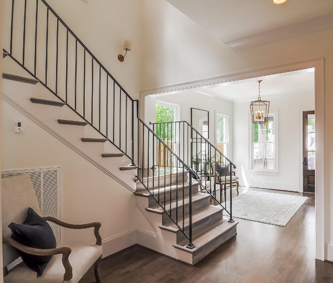 White Oak Foyer Flooring. Foyer features white oak flooring and metal staircase railing. White Oak Foyer Flooring Ideas. White Oak Foye #WhiteOak #Foyer #FoyerFlooring #whiteoakflooring Domaine Development