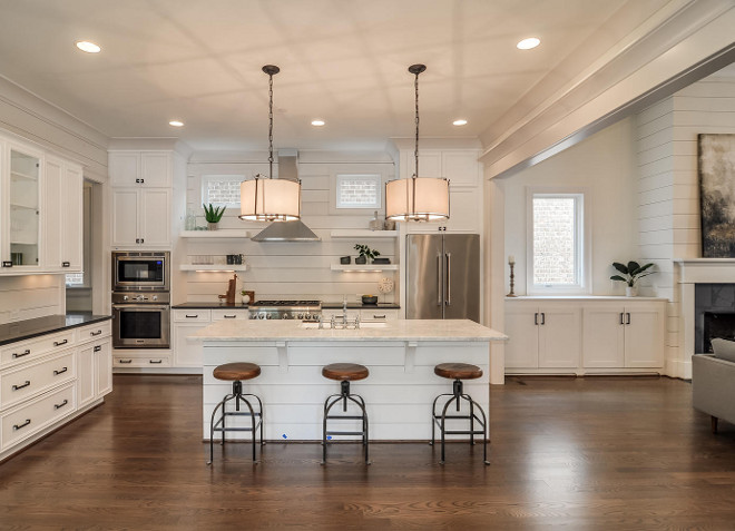 White Shiplap Kitchen. White Shiplap Kitchen. Gorgeous white kitchen with shiplap backsplash and shiplap island. Open White Shiplap Kitchen. White Shiplap Kitchen Ideas. White Shiplap Kitchen Design. White Shiplap Kitchens #WhiteShiplapKitchen #WhiteShiplapKitchenDesign #WhiteShiplapKitchens Domaine Development