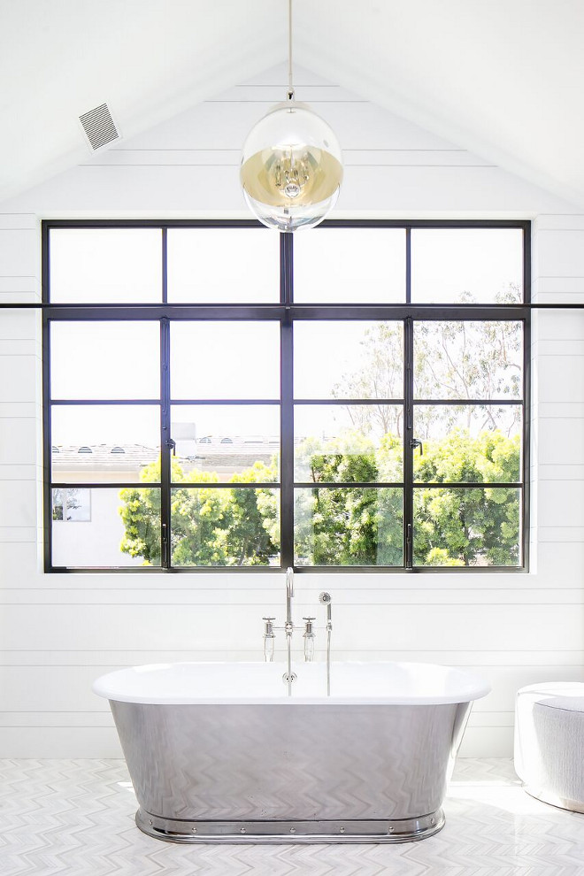 Bathroom Black Steel Window and shiplap walls. Bathroom Black Steel Window and shiplap wall ideas. Bathroom Black Steel Window and shiplap walls #Bathroom #BlackSteelWindow #shiplap Patterson Custom Homes