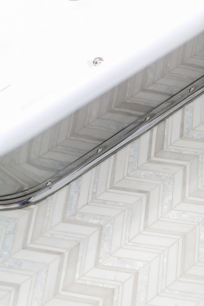 Bathroom Herringbone Marble Mosaic Floor Tile. Floor Tile: Custom white marble and Mother of Pearl chevron pattern. Timeless Bathroom Herringbone Marble Mosaic Floor Tile #Bathroom #HerringboneMarble #Mosaic #Floor #Tile Patterson Custom Homes