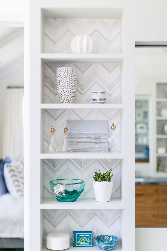 Bathroom Shelves with Marble Herringbone Tile Back. Bathroom features built-in shelves with marble herringbone tile. Bathroom Shelves with Marble Herringbone Back. Bathroom Shelves with Marble Herringbone Tile Back. Bathroom Shelves with Marble Herringbone Tile Back #BathroomShelves #MarbleHerringboneTile Patterson Custom Homes