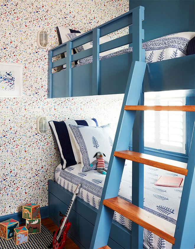 Bedford Blue by Benjamin Moore. Wallpaper is Too Much Stuff by Flat Vernacular. Navy blue paint color Bedford Blue by Benjamin Moore. Bedford Blue by Benjamin Moore #BedfordBluebyBenjaminMoore Andrew Howard Interior Design