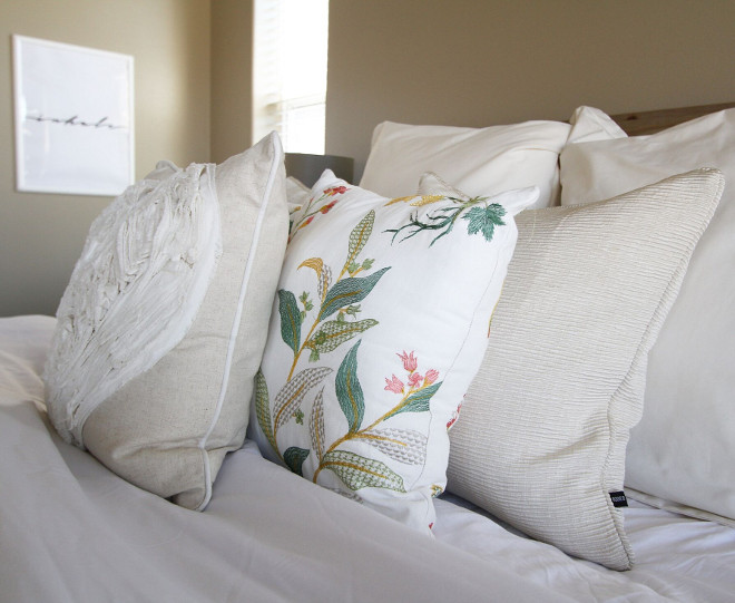 Bedroom Pillows. I chose a white comforter in our master bedroom because I can easily incorporate color for any season and/or mood! Its easy to switch out a few pillows here and there to achieve the look I am going for that month or holiday. Right now it houses some beautiful embroidered pillow covers. Many have asked how and why I chose WHITE of all colors with toddlers. However it's not so bad and everything can be easily washed. #BedroomPillows Home Bunch's Beautiful Homes of Instagram @AshleysDecorSpace_ 