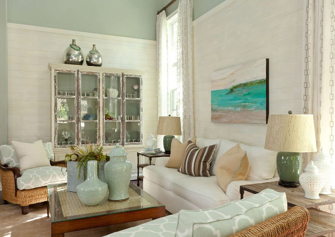 Benjamin Moore Tranquilly and driftwood white shiplap paneling. Living room painted in Benjamin Moore Tranquilly and driftwood white shiplap paneling. Benjamin Moore Tranquilly and driftwood white shiplap paneling #BenjaminMooreTranquilly #driftwoodshiplap #paneling Barclay Butera