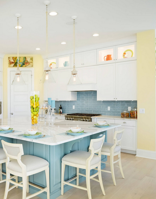 Blue Backsplash Tile. Blue tile is Dal Tile Artigiano Sky Line 3x12 Brick Pattern. Countertop is Cambria Quartz Britanicca with eased edge. #BlueBacksplash #BlueBacksplashTile Echelon Interiors