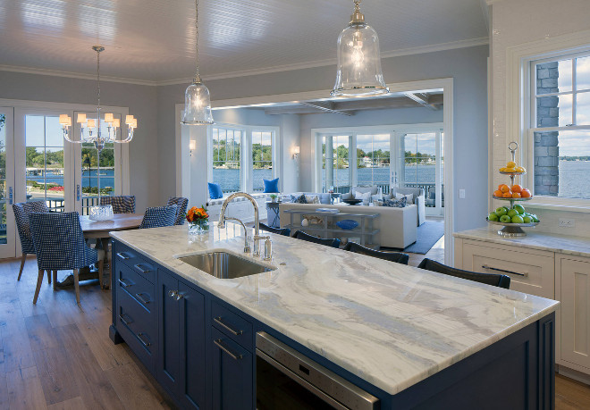 Blue kitchen island with white Lumen quartzite countertop. Lumen Quartzite. Blue kitchen island with white quartzite countertop ideas. Coastal kitchen with Blue kitchen island with white quartzite countertop #coastalkitchen #Bluekitchenisland #kitchenisland #whitequartzite #countertop #LumenQuartzite #Lumen #quartzite Francesca Owings Interior Design