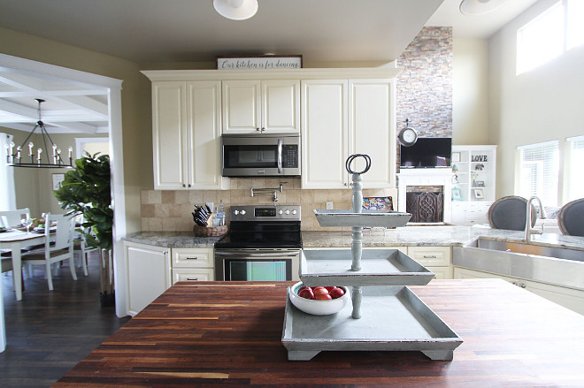 Center Kitchen Island. Center Prep Island. I also chose a butcher block island to spice up the space a bit. Our kitchen island is 36’’ wide and 68” long. The perfect size island to fit into this space. This butcher block was actually a last minute decision and I am so happy we did it! Really adds a fun pop into our bright kitchen. #CenterKitchenIsland #preisland #prepkitchenisland Home Bunch's Beautiful Homes of Instagram @AshleysDecorSpace_ 