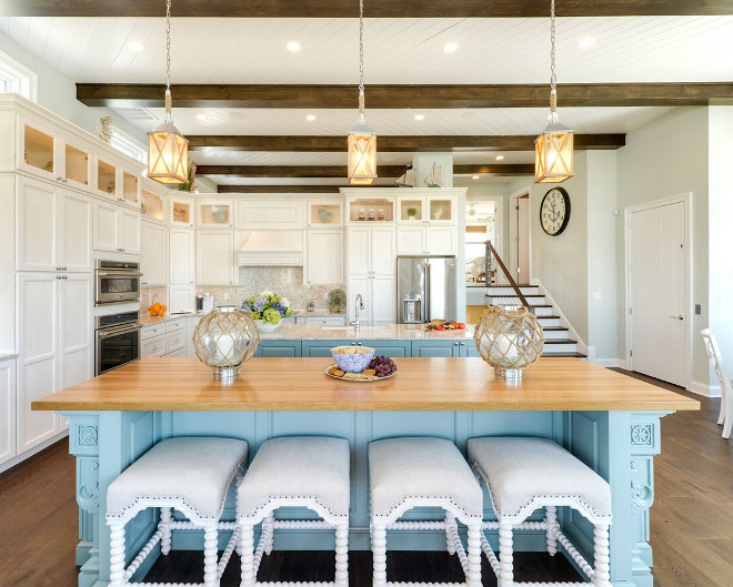 Coastal Kitchen Lighting. Coastal Kitchen Lighting Ideas. Wall Paint color is Sherwin Williams Sea Salt. Coastal pendants are by Feiss. Coastal Kitchen Lighting #CoastalKitchenLighting #CoastalKitchen #Lighting Echelon Interiors