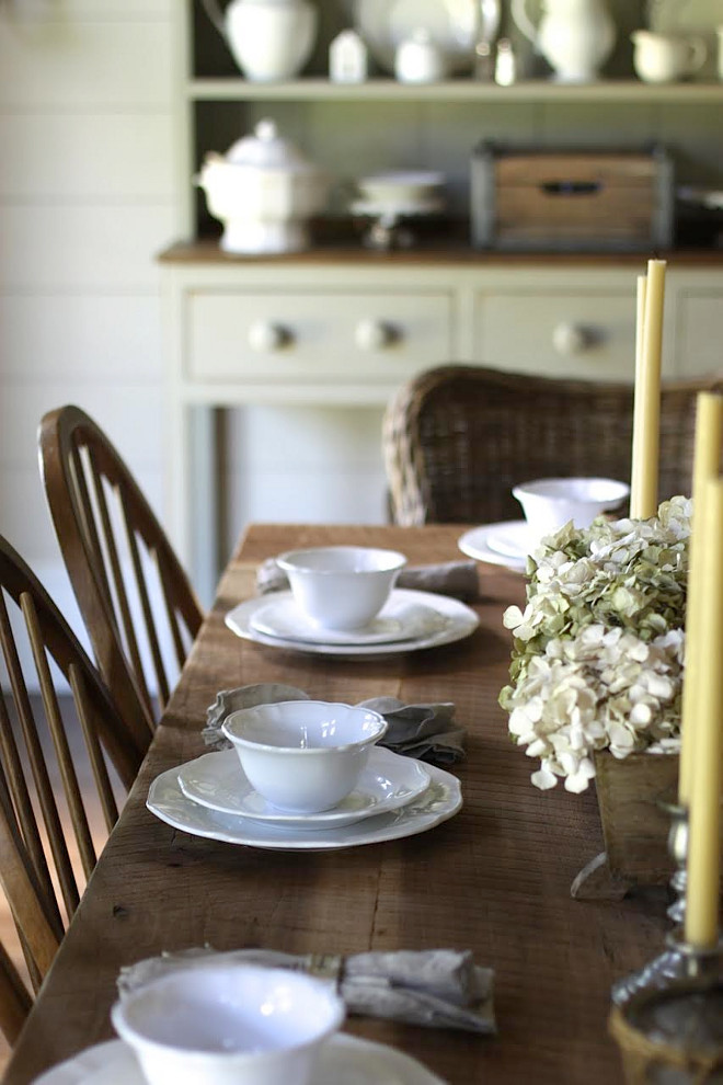 DIY Farmhouse Table with white china. Home Bunch's Beautiful Homes of Instagram @blessedmommatobabygirls