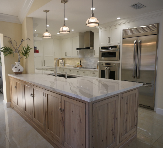 Driftwood Peninsula. Driftwood Peninsula. The peninsula is Rustic Hickory with a driftwood stain and a brown highlight. #DriftwoodPeninsula Waterview Kitchens