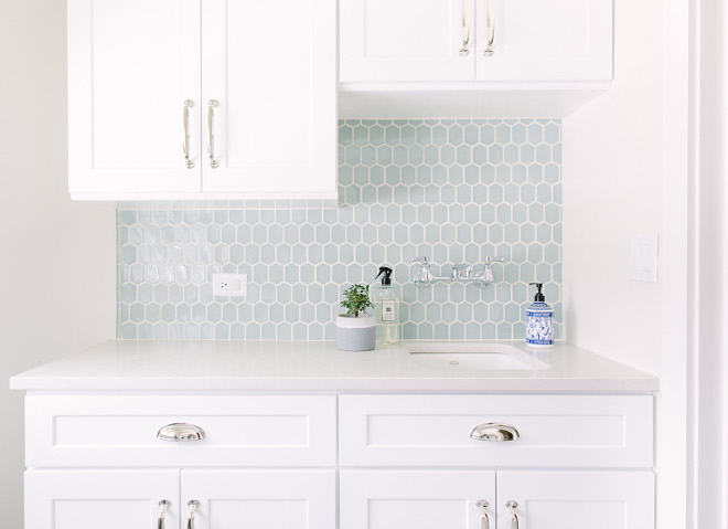 Elongated hexagon tile. Hexagon tile. Blue Hexagon tile. Laundry room with soft blue Hexagon backsplash tile. #Hexagontile #blueHexagontile #softblueHexagontile #blueHexagontile Kate Marker Interiors