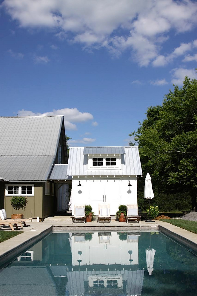 Farmhouse Backyard with Pool and Pool House with Metal Roof. Backyard. Farmhouse Pool and Pool House with Metal Roof Backyard #Farmhouse #farmhousebackyard #Backyard #Pool #PoolHouse #MetalRoof #Backyard Home Bunch's Beautiful Homes of Instagram @blessedmommatobabygirls