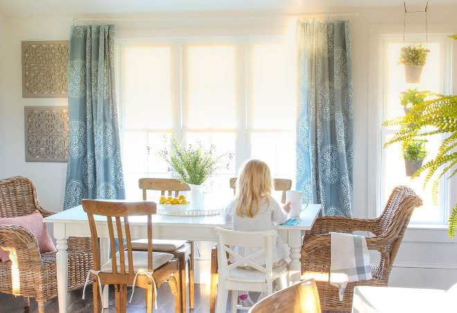 Farmhouse Breakfast Room. Farmhouse Breakfast Room Chairs. Galvanized Hanging Planter - DIY (there is a tutorial for it on my blog) Farmhouse Breakfast Room Drapery. Farmhouse Breakfast Room Wicker Chairs #Farmhouse #BreakfastRoom Home Bunch's Beautiful Homes of Instagram @laura_willowstreetinteriors