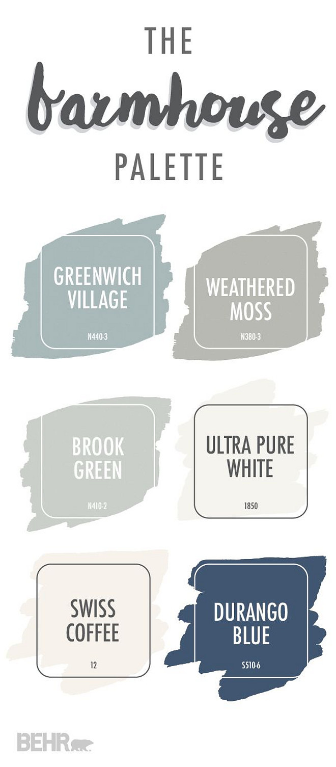 Farmhouse Whole House Color Palette. Farmhouse Whole House Color Palette Ideas. Behr Greenwich Village. Behr Weathered Moss. Behr Brook Green. Behr Ultra White. Behr Swiss Coffee. Behr Durango Blue. Farmhouse Whole House Color Palette #FarmhouseWholeHouseColorPalette #Farmhouse #WholeHouseColorPalette #ColorPalette #FarmhouseColorPalette Via Behr