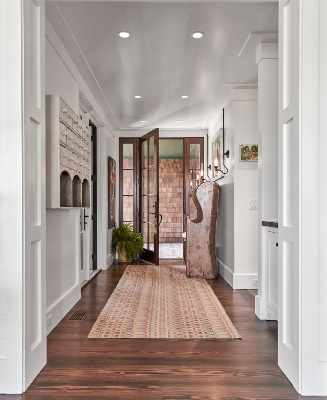 Farrow and Ball Pointing White. Beautiful white interior paint color Farrow and Ball Pointing White. Ceilings and wall are covered in painted shiplap. Farrow and Ball Pointing White #FarrowandBallPointingWhite #whiteinteriorpaintcolor #interior #paintcolor Nancy Serafini Interior Design