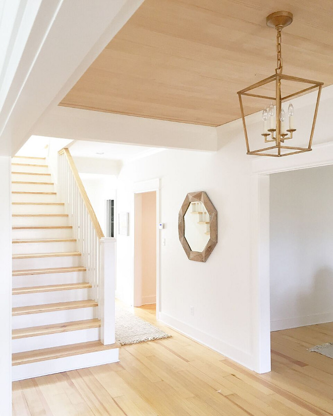 Foyer shiplap tray ceiling. Foyer shiplap tray ceiling. My favorite part of this space is the wood plank ceiling and the gold metal light fixture. Ceiling: Pine - same as flooring but with no finish. Foyer shiplap tray ceiling. Foyer shiplap tray ceiling ideas #Foyer #shiplaptrayceiling #shiplapceiling Beautiful Homes of Instagram @theclevergoose