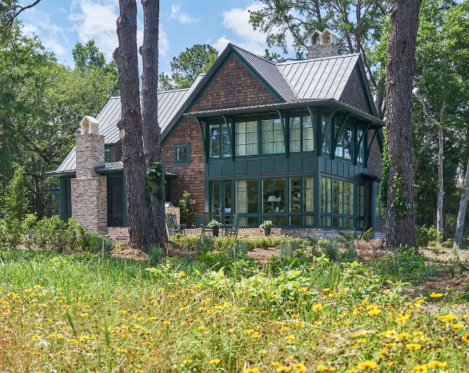 Green is the color of the moment and I am loving it combined with cedar shingles and reclaimed brick. The green paint color is Benjamin Moore Essex Green. #BenjaminMooreEssexGreen Nancy Serafini Interior Design