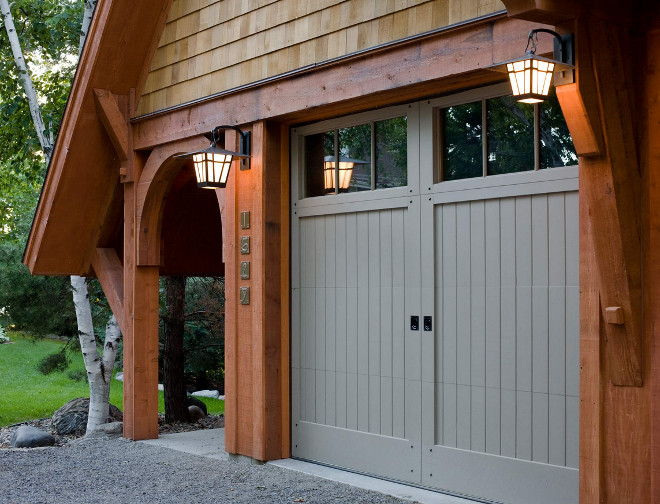 Grey Garage Doors. Cedar shingle home with grey garage doors. #greygaragedoors #garagedoors Murphy & Co. Design