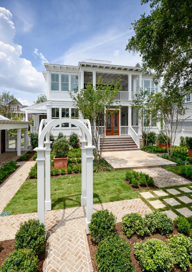 Herringbone Brick Pathway. Herringbone Brick Pathway. Backyard also features Limestone raised patio and grass ribboned steps. Classic Herringbone Brick Pathway #HerringboneBrickPathway #HerringboneBrick Robyn Hogan Home Design