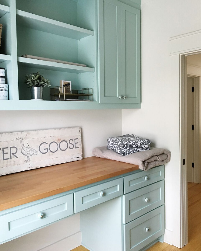 Laundry room desk cabinet. Laundry room desk cabinet ideas. Laundry room desk cabinet design. Located at the end of the upstairs hallway, between the master and an additional bedroom, this space is not just for laundry, but also for crafts and homework. I designed it so that a chair can be pulled up to each counter and used as a work space. #Laundryroom #desk #cabinet #Laundryroomdesk #Laundryroomdeskcabinet #Laundryroomdeskcabinetideas #Laundryroom #deskcabinet #Laundryroomdeskcabinetdesign #Laundryroomdesign Home Bunch's Beautiful Homes of Instagram @theclevergoose