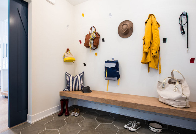 Mudroom Hooks. Mudroom Hook Ideas. This mudroom is so practical! It features a floating white oak bench and affordable wall hooks. Mudroom Hooks. Easy and affordable Mudroom Hooks #mudroom #hooks Refined Custom Homes