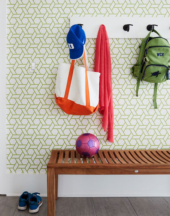 Mudroom Wallpaper. Mudroom geometric wallpaper #mudroom #mudroomwallpaper #geometricwallpaper Andrew Howard Interior Design