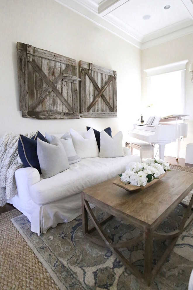 Neutral Farmhouse Paint Color Restoration Hardware Linen. Decorative DIY Wood Wall Barn Doors. Restoration Hardware Linen Paint Color Restoration Hardware Linen #RestorationHardwareLinen #neutral #farmhouse #paintcolor Home Bunch's Beautiful Homes of Instagram @cambridgehomecompany