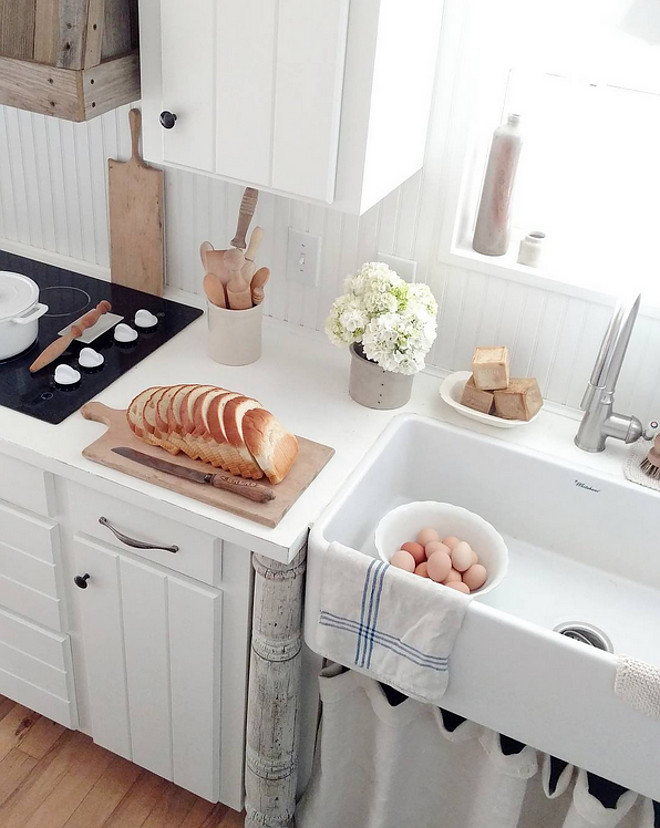 Painted Countertop. Farmhouse Kitchen with painted countertop. The butcher block counter tops are from IKEA as well (and I painted the countertops around the sink). Painted Countertop #Paintedcountertop #farmhouse #kitchen Home Bunch's Beautiful Homes of Instagram @becky.cunningham.home