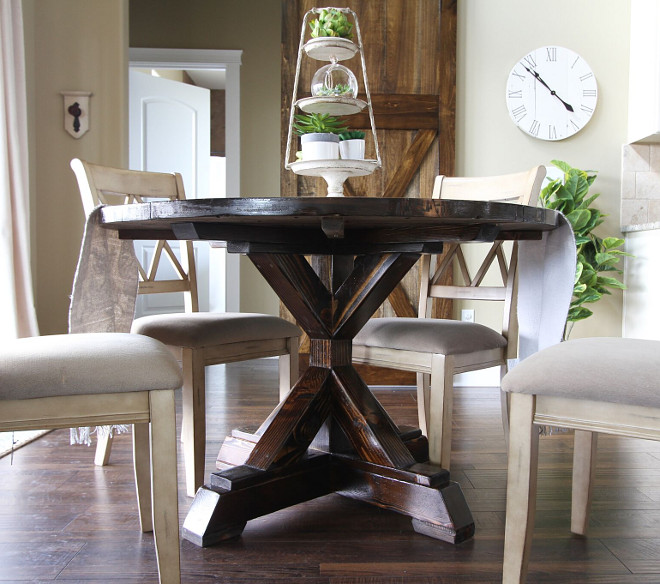 Salvaged Wood Trestle Round Dining Table. Dark Stained Salvaged Wood Trestle Round Dining Table. Salvaged Wood Trestle Round Dining Table #SalvagedWood #TrestleRound #DiningTable Home Bunch's Beautiful Homes of Instagram @AshleysDecorSpace_ 