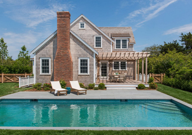 Shingle home rear with pergola, brick chimney, bluestone patio, pergola and pool. Shingle home rear with pergola, brick chimney, bluestone patio, pergola and pool. Shingle home rear with pergola, brick chimney, bluestone patio, pergola and pool. Shingle home rear with pergola, brick chimney, bluestone patio, pergola and pool #Shinglehome #pergola #brickchimney #bluestonepatio #pool Cynthia Hayes Interior Design