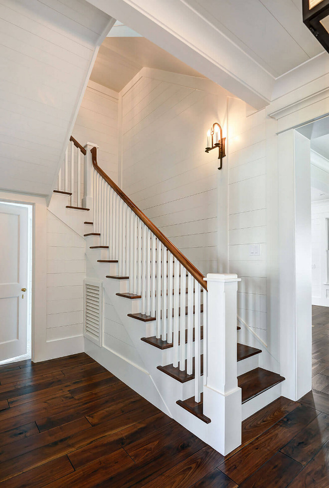 Shiplap. Entry staircase with shiplap walls and shiplap ceilings with board and batten trim. Shiplap. Entry staircase with shiplap walls and shiplap ceilings with board and batten trim. Staircase with shiplap #Shiplap #Entry #staircase #shiplapwalls #shiplapceilings #boardandbatten #boardandbattentrim #trim Robyn Hogan Home Design
