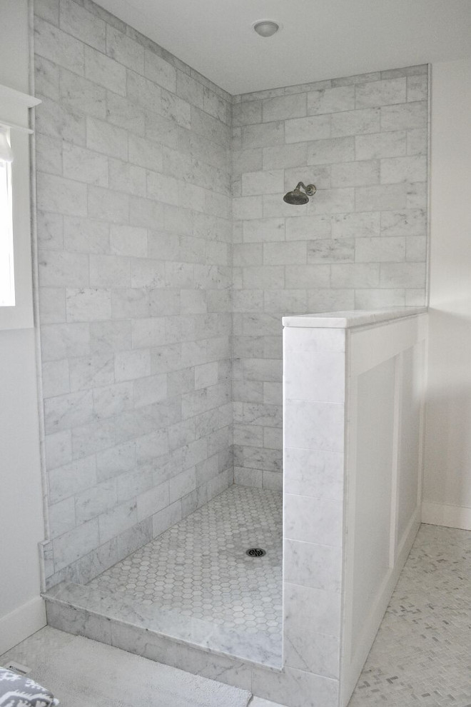 Shower Tiling Ideas. Shower Tiling Ideas. Shower Tile: Bianco Carrara Mable in Oversized Subway Shower Floor Tile: Bianco Carrara Marble in Hexagon Shower Tiling Ideas. Shower Tiling Ideas #ShowerTiling #ShowerTilingIdeas Home Bunch's Beautiful Homes of Instagram @sweetthreadsco