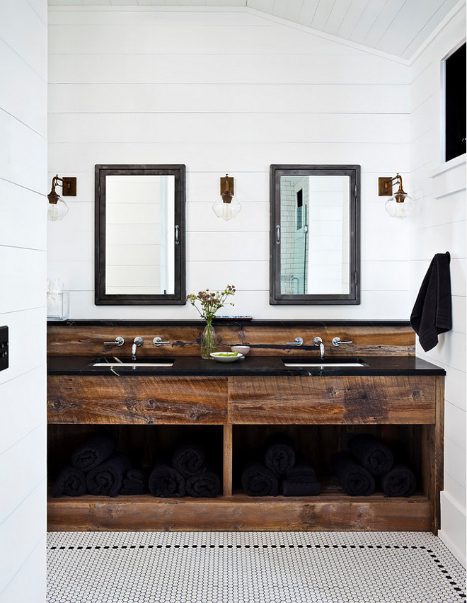 Thick Chunky Reclaimed wood vanity. Farmhouse bathroom with rustic thick wood vanity and shiplap walls. Thick Chunky Reclaimed wood bathroom vanity. Rustic Thick Chunky Reclaimed wood vanity #ThickReclaimedwoodvanity #ChunkyReclaimedwoodvanity #Reclaimedwoodvanity #Farmhousebathroom #rusticwoodvanity #shiplap #shiplapwalls #Reclaimedwood #bathroomvanity #Reclaimedwoodvanity Jennifer Worts Design IncJennifer Worts Design Inc Jennifer Worts Design Inc