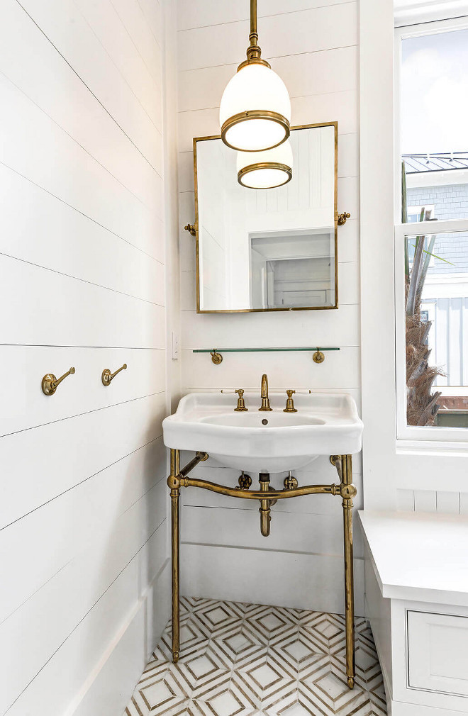 Unlacquered Brass Washstand. Bathroom with shiplap walls, Yildiz marble mosaic floor tile and Unlacquered Brass Washstand by Waterworks #UnlacqueredBrassWashstand #BrassWashstand #Washstand Robyn Hogan Home Design