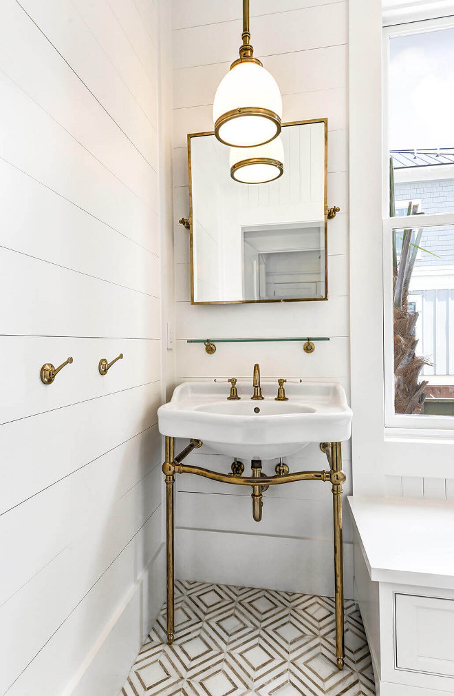 Unlacquered Brass Washstand. Bathroom with shiplap walls, Yildiz marble mosaic floor tile and Unlacquered Brass Washstand by Waterworks #UnlacqueredBrassWashstand #BrassWashstand #Washstand Robyn Hogan Home Design