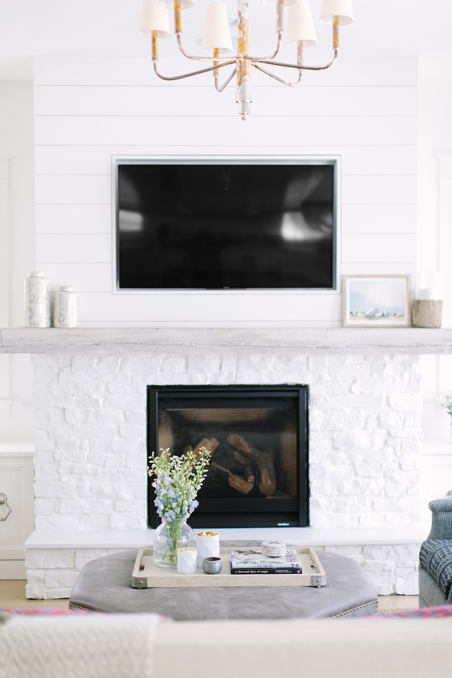 White Brick and shiplap fireplace. White Brick and shiplap fireplace. Gorgeous fireplace featuring painted white brick, whitewashed wood mantel and shiplap paneling. White Brick and shiplap fireplace. White Brick and shiplap fireplace. White Brick and shiplap fireplace. White Brick and shiplap fireplace #WhiteBrickfireplace #Brickfireplace #shiplap #shiplapfireplace Kate Marker Interiors