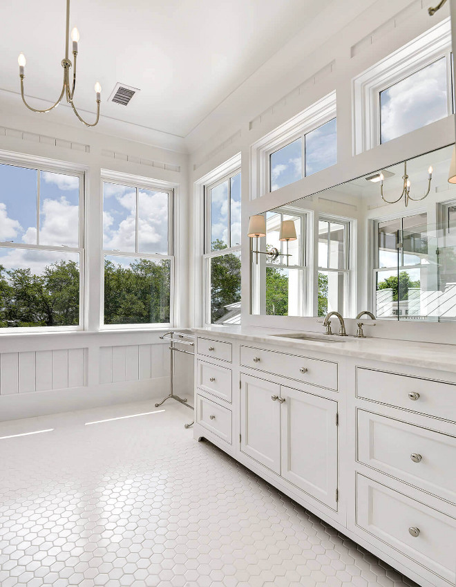 White Hex Floor Tile. Bathroom White Hex Floor Tile. Bathroom features Walker Zanger white hex floor tile #WhiteHexFloorTile #HexFloorTile Robyn Hogan Home Design