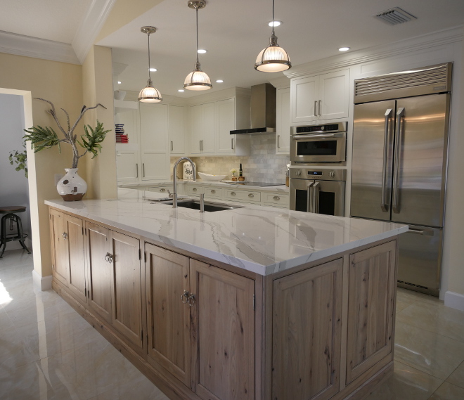 White Kitchen with White Oak Peninsula Island. White Kitchen with White Oak Peninsula Island. White Kitchen with White Oak Peninsula Island #WhiteKitchen #WhiteOakPeninsula #WhiteOakIsland Waterview Kitchens