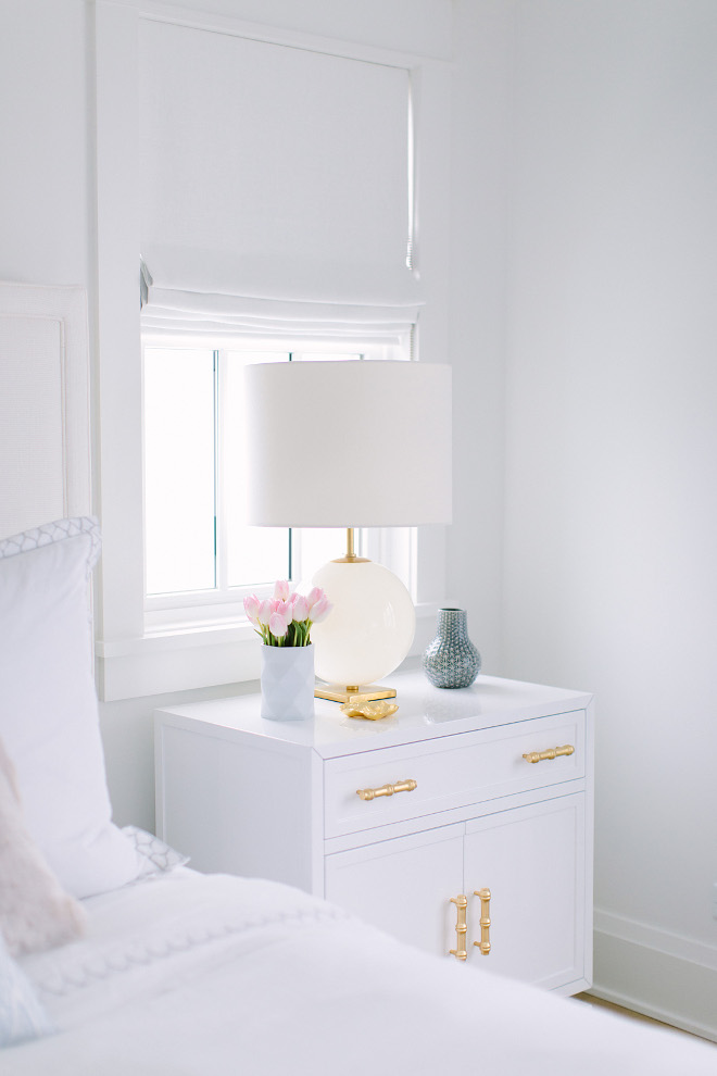 White nightstand and white linen Roman Shades. Bedroom White nightstand and white Roman Shades. Bedroom White nightstand and white Roman Shades #Bedroom #Whitenightstand #whiteRomanShades #whitelinenRomanShades Kate Marker Interiors