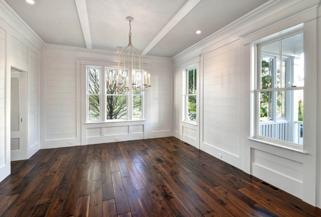 White shiplap dining room walls painted in Sherwin Williams Pure White.White shiplap dining room walls painted in Sherwin Williams Pure White - Sherwin Williams Pure White is the best white paint color for shiplap in my opinion. It's very crisp and works well with any hardwood flooring, dark or light. #SherwinWilliamsPureWhite #shiplap Robyn Hogan Home Design