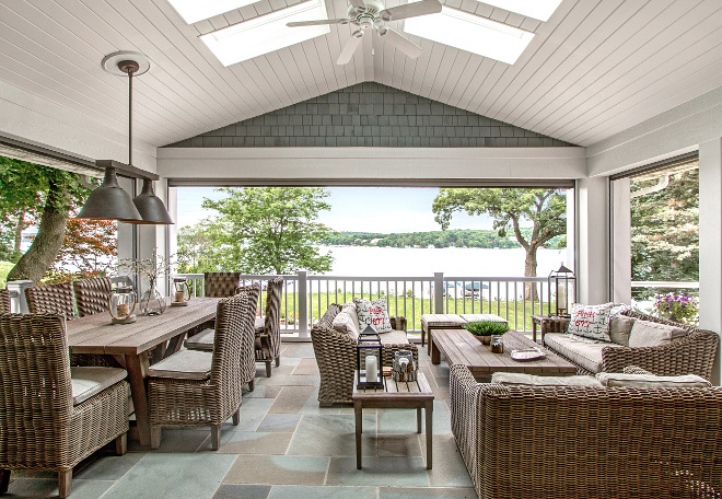 Back Porch. Lake house back porch with skylights and shiplap ceiling. Lake Geneva Architects