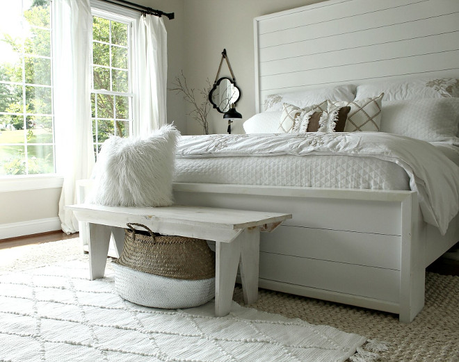 Farmhouse Bedroom shiplap bed. DIY Farmhouse Bedroom shiplap bed. Farmhouse Bedroom shiplap bed and bench. Farmhouse Bedroom shiplap bed #FarmhouseBedroom #shiplapbed #DIYbed #DIYshiplapbed Beautiful Homes of Instagram @middlesisterdesign - Home Bunch