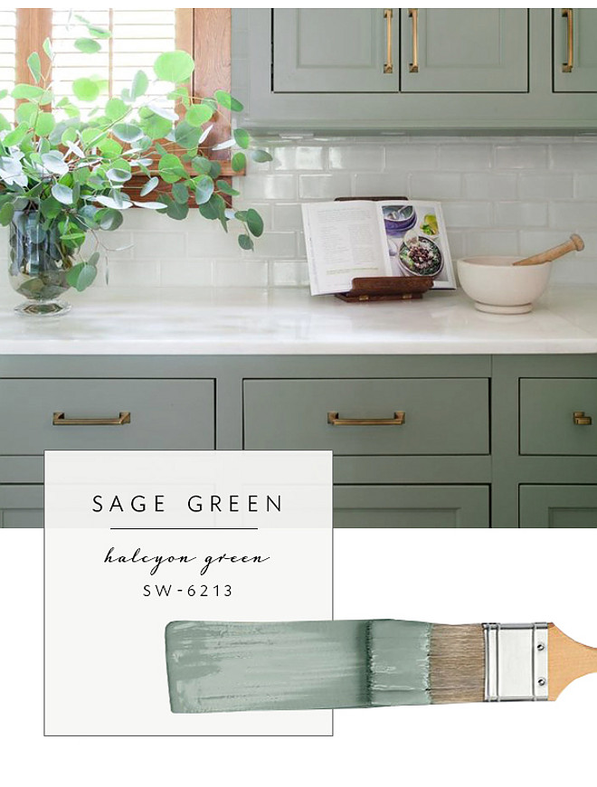 Sage Green Paint Color. Sherwin Williams Halcyon Green. Sherwin Williams SW 6213 Halcyon Green Alternative to white cabinet paint color #SherwinWilliamsHalcyonGreen Via Coco Kelley