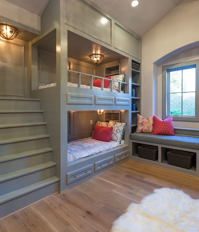 Bunk room built ins. Small Bunkroom with built in stair. Bunk room with built-in stairs, bookcase and window-seat. Small Bunkroom with built in stairs. Small Bunkroom with built in stair #SmallBunkroom #bunkroomuiltinstairs Frankel Building Group.